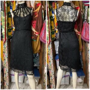 Poleci High Neck Sheer Lace Beaded Mesh Dress with Under Slip Goth